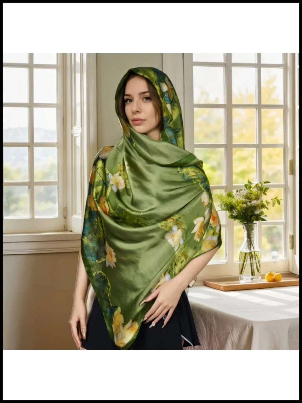 Lightweight Long Floral Satin Scarf Shawl Wrap for Women